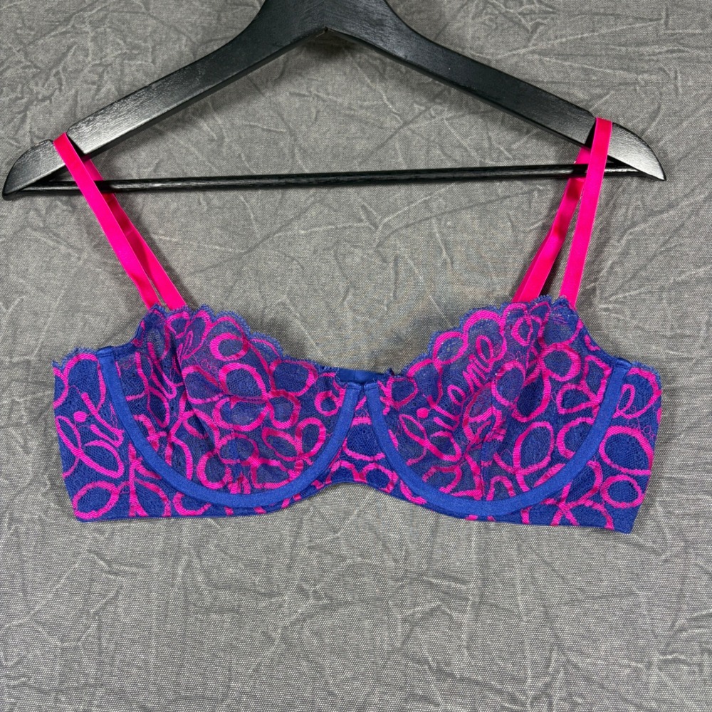 Savage X Fenty Bra Women 34B Blue Pink Bite Me Lace Unlined Balconette Underwire
